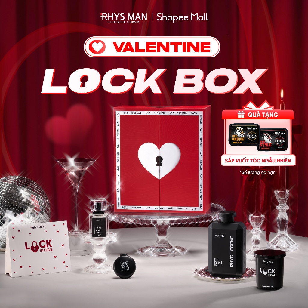 Valentine Lock Box: Sữa tắm gội 3in1 350ml & Nước hoa nam hương gỗ 30ml & Nến thơm 110gr Rhys Man