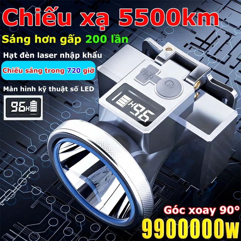 [Đèn đội đầu XJ 503] pin trâu sóng mạnh 18 giờ chóa 6cm kín nước, có màn hình, kèm cáp sạc