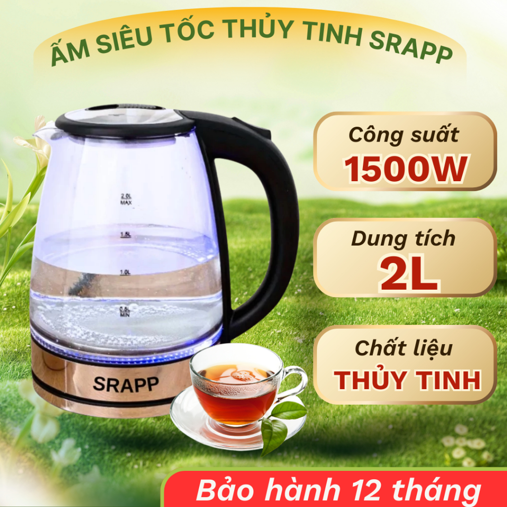 Ấm siêu tốc thủy tinh Srapp ST204(A) dung tích 2L, công suất 1500W có đèn LED tự động ngắt khi sôi: