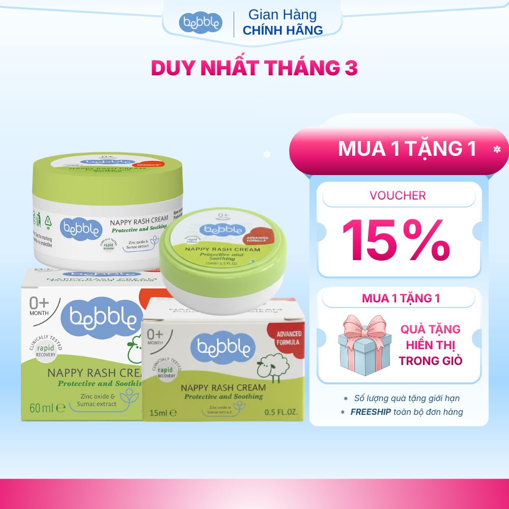 Kem hăm tã Bebble Nappy Rash Cream có 2 size, dịu da tức thì, làm dịu vết côn trùng đốt, dùng cho bé từ 0 tháng tuổi