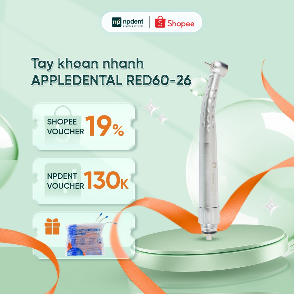 Tay khoan nhanh AppleDental RED60-26 NPDENT, 3 tia nước, có đèn LED, 6 lỗ kết nối, bảo hành 6 tháng