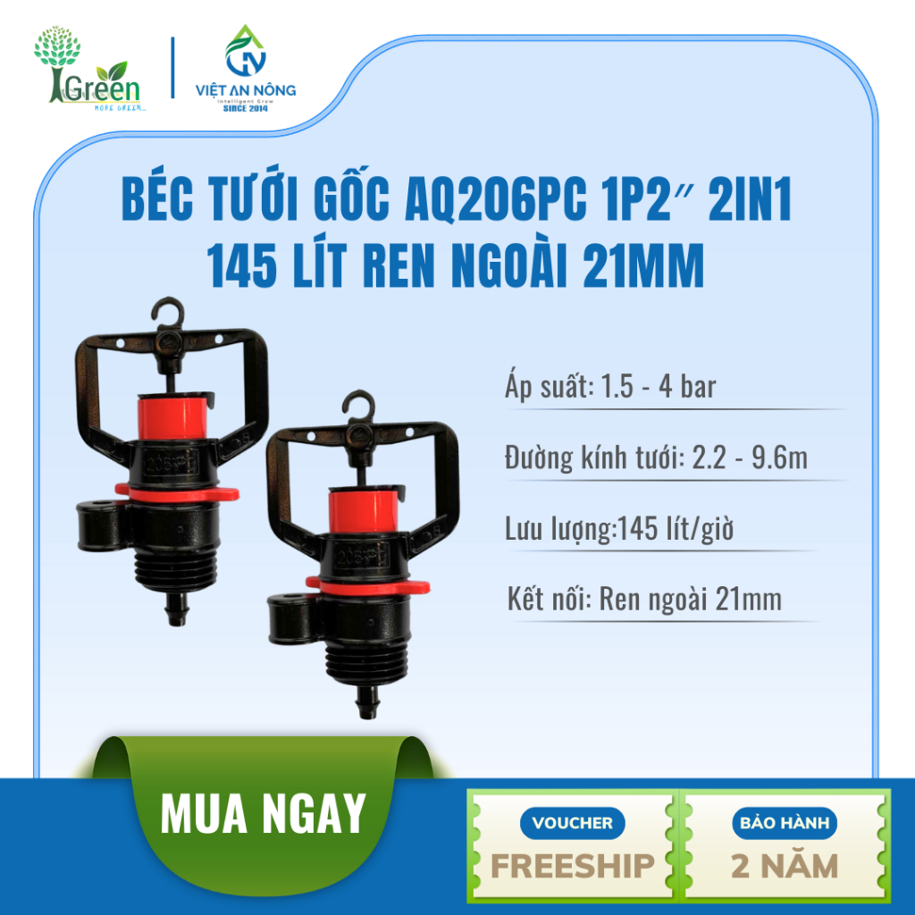 (Combo10 cái) Béc tưới gốc AQ206PC 1P2″ 2IN1 145 Lít ren ngoài 21mm - Ấn Độ