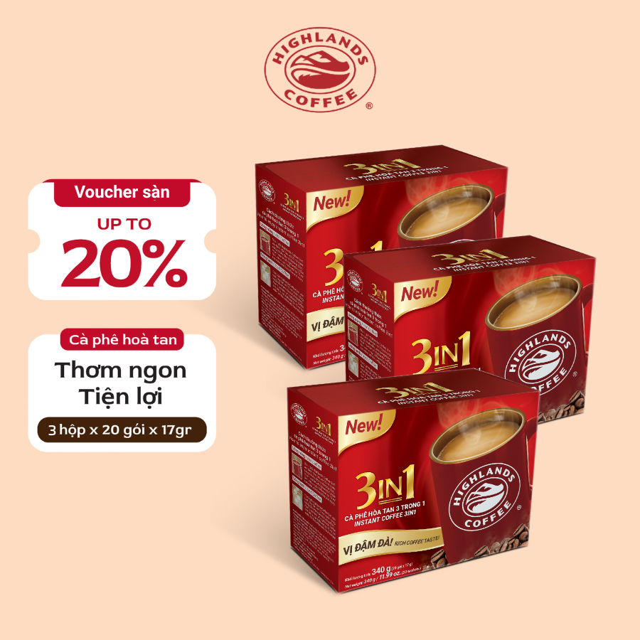 COMBO 3 HOP CÀ PHÊ SỮA HOÀ TAN 3IN1 HIGHLANDS COFFEE - (20 gói x 3)