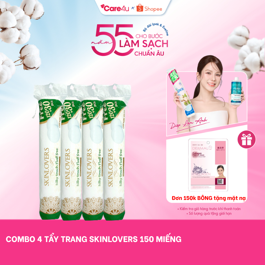 Combo 4 gói bông tẩy trang skinlovers 150 miếng siêu tiết kiệm không xơ bông (4x150)