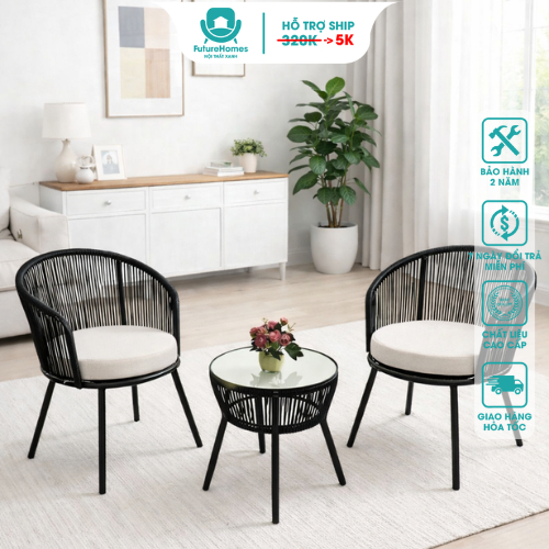 Bộ Bàn Tròn FH-BG03 FutureHomes Nhựa Giả Mây Cao Cấp Họa Tiết Đan Nan Dọc Decor Sân Vườn