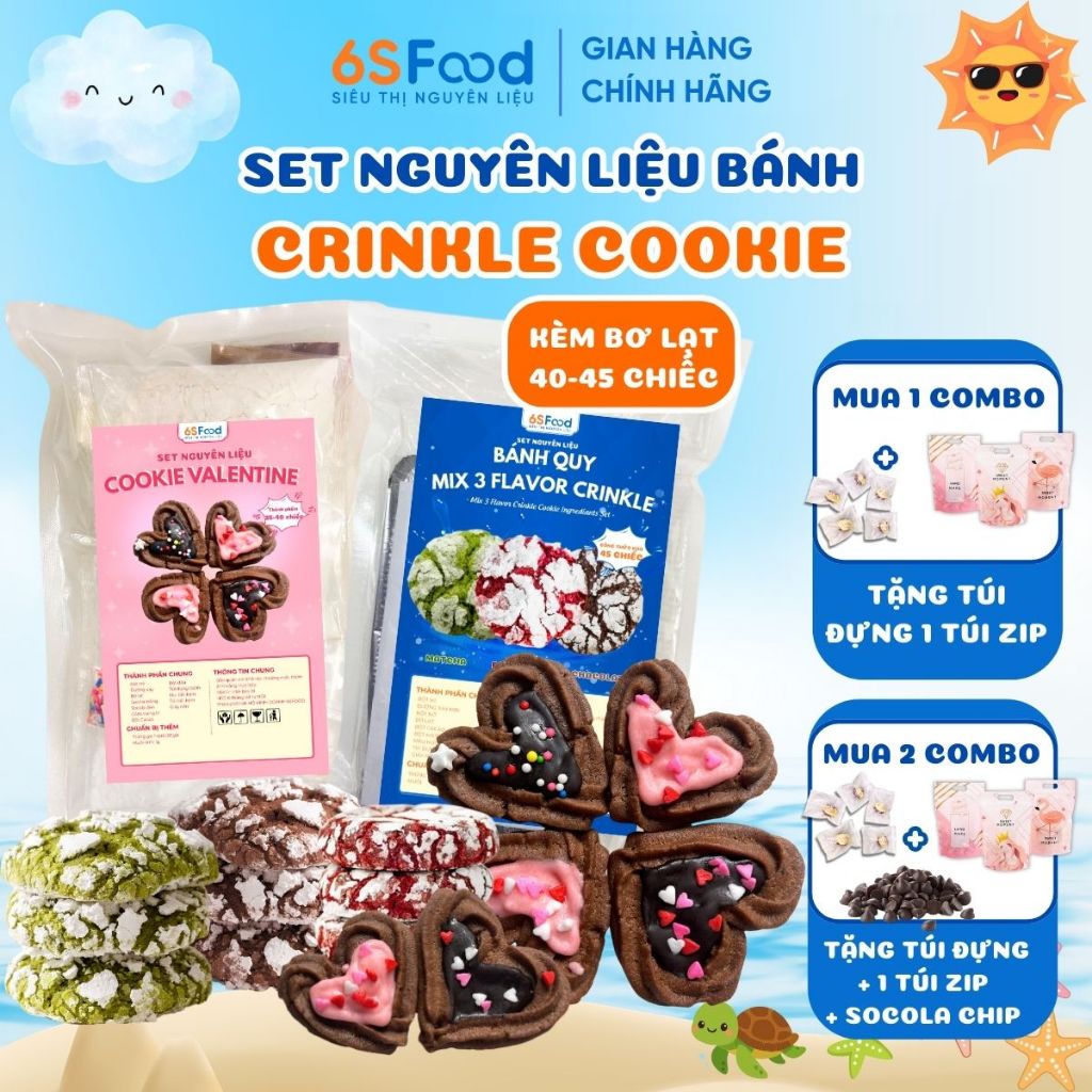 Set nguyên liệu bánh quy cookie Crinkle, cookie tặng 8/3 3 Vị Red Velvet, Cacao, Matcha - 6 SFOOD