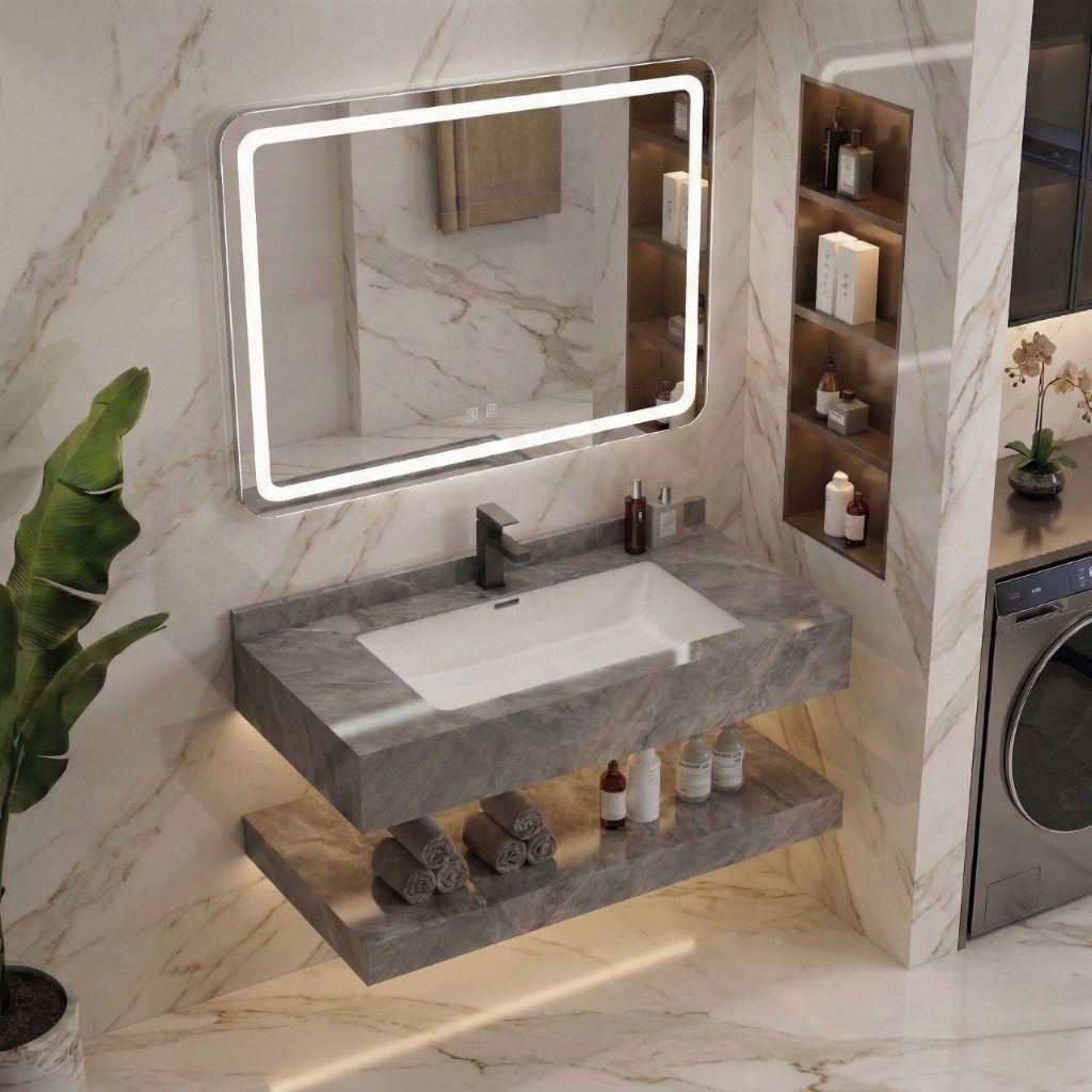 [COMBO] Lavabo Rửa Mặt Chậu Âm Tràn Viền 2 Tầng VT-01 Mặt Đá Porcelain Sáng Bóng Chậu Sứ Men Nano