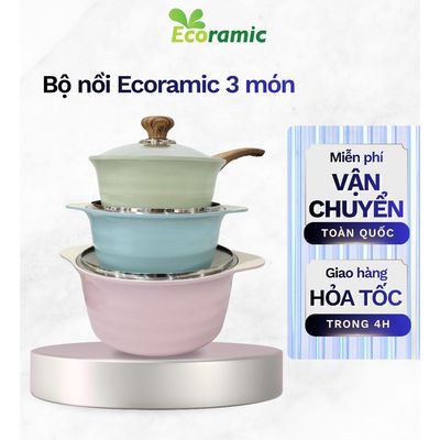 Bộ 3 Nồi Đáy Từ Ecoramic Cao cấp TRPIH3 - Chất liệu hợp kim nhôm cao cấp, men chống dính, thiết kế sang trọng