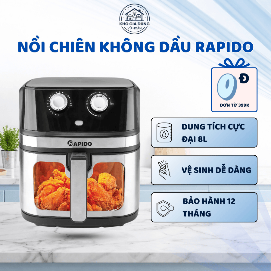 Nồi Chiên Không Dầu Rapido RAF 8.0M3, Nồi 2 Thanh Nhiệt Chiên Nướng Ít Dầu, Bảo Hành 12 Tháng