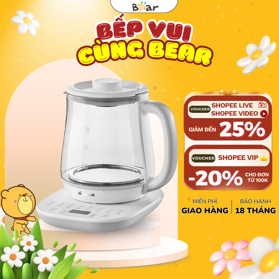 Ấm pha trà tự động giữ nhiệt bằng điện 1.5L Bear HK-5H15N21 (YSH-D15V7),Bình máy thuỷ tinh,16 Chế độ