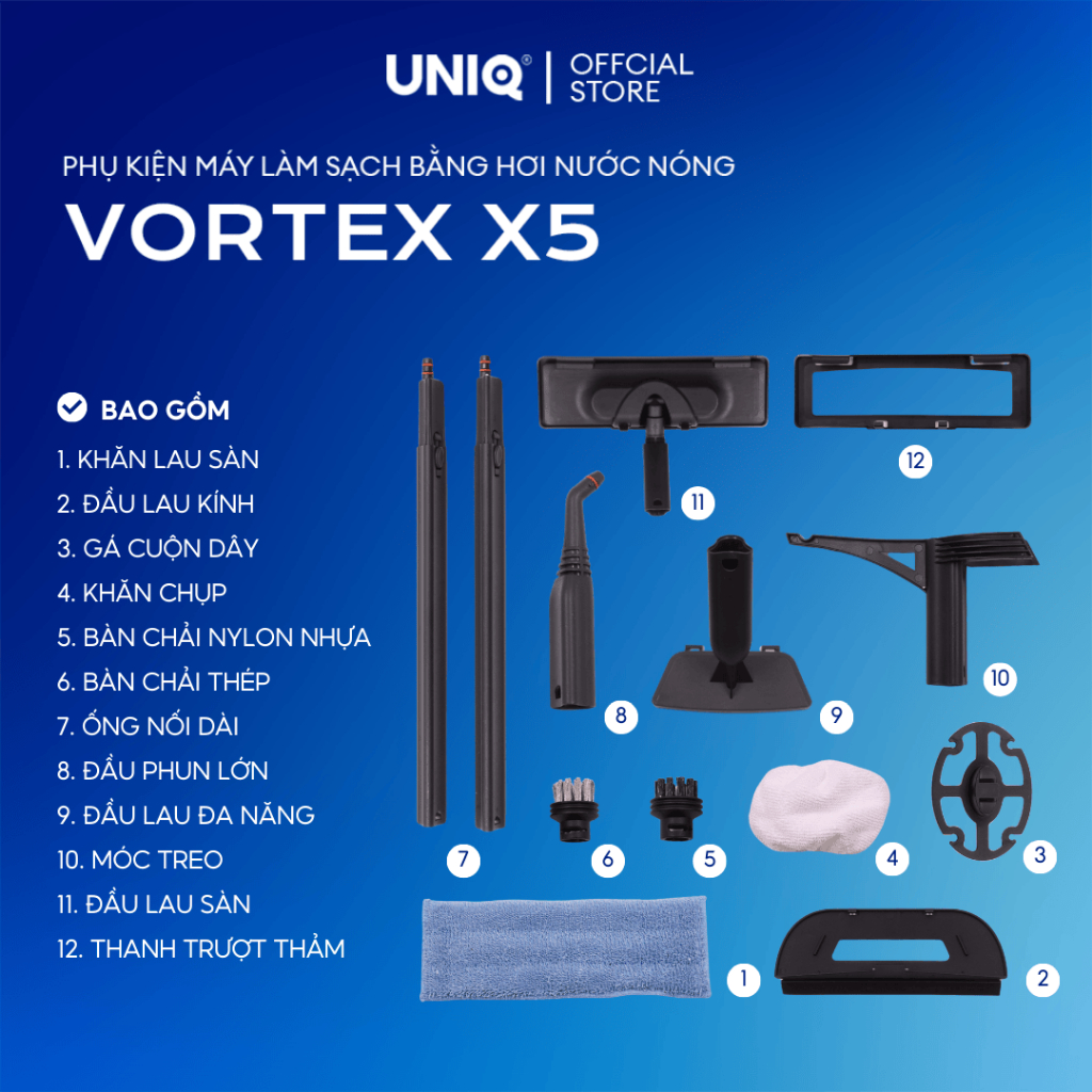 Phụ kiện máy vệ sinh hơi nước nóng UNIQ Vortex X5 2000W 1.5L xịt rửa lau nhà đa năng khử trùng diệt 