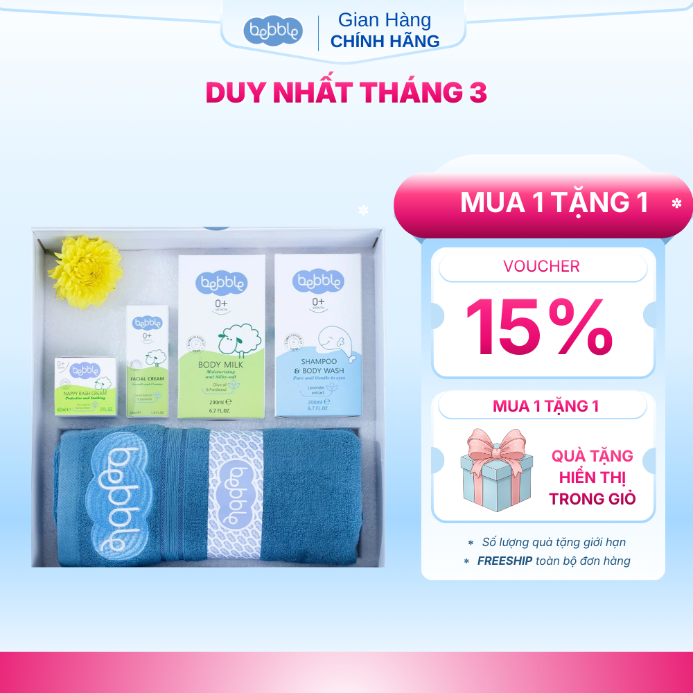 Combo quà tặng BEBBLE, bộ chăm sóc trẻ sơ sinh, tặng ngay khắn tắm cotton size đại Bebble