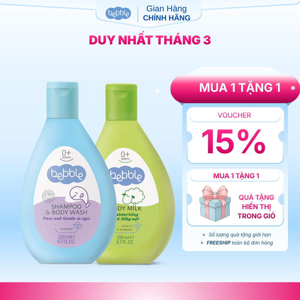 Bộ đôi sữa tắm gội Bebble 200ml, sữa dưỡng ẩm Bebble 200ml dành cho trẻ sơ sinh từ 0 tháng tuổi