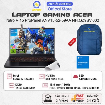 Laptop Acer Nitro V 15 ANV15-52-59AA NH.QZ9SV.002, Core i5-13420H, RTX 5050 8GB, 16GB RAM, 512GB SSD, 15.6 FHD 180Hz