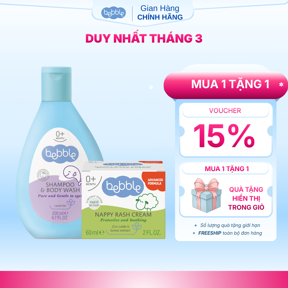 Combo sữa tắm gội Bebble 200ml, kem hăm tã mẩn ngứa Bebble 60ml dành cho trẻ sơ sinh từ 0 tháng tuổi