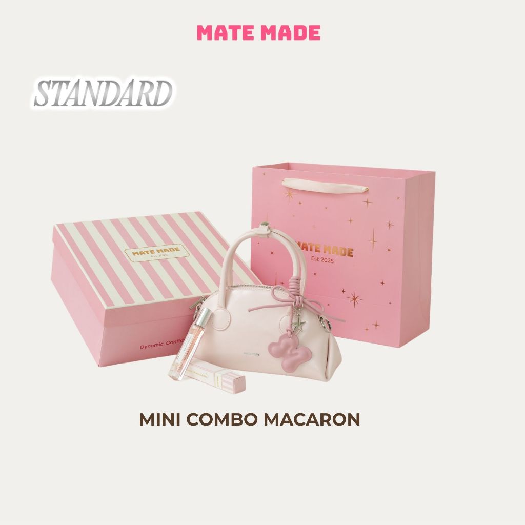 [QUÀ TẶNG] Mate Made Gift Box – Túi Xách Macaron + Charm + Nước Hoa Peachy + Hộp Quà Hồng Kẻ Trắng