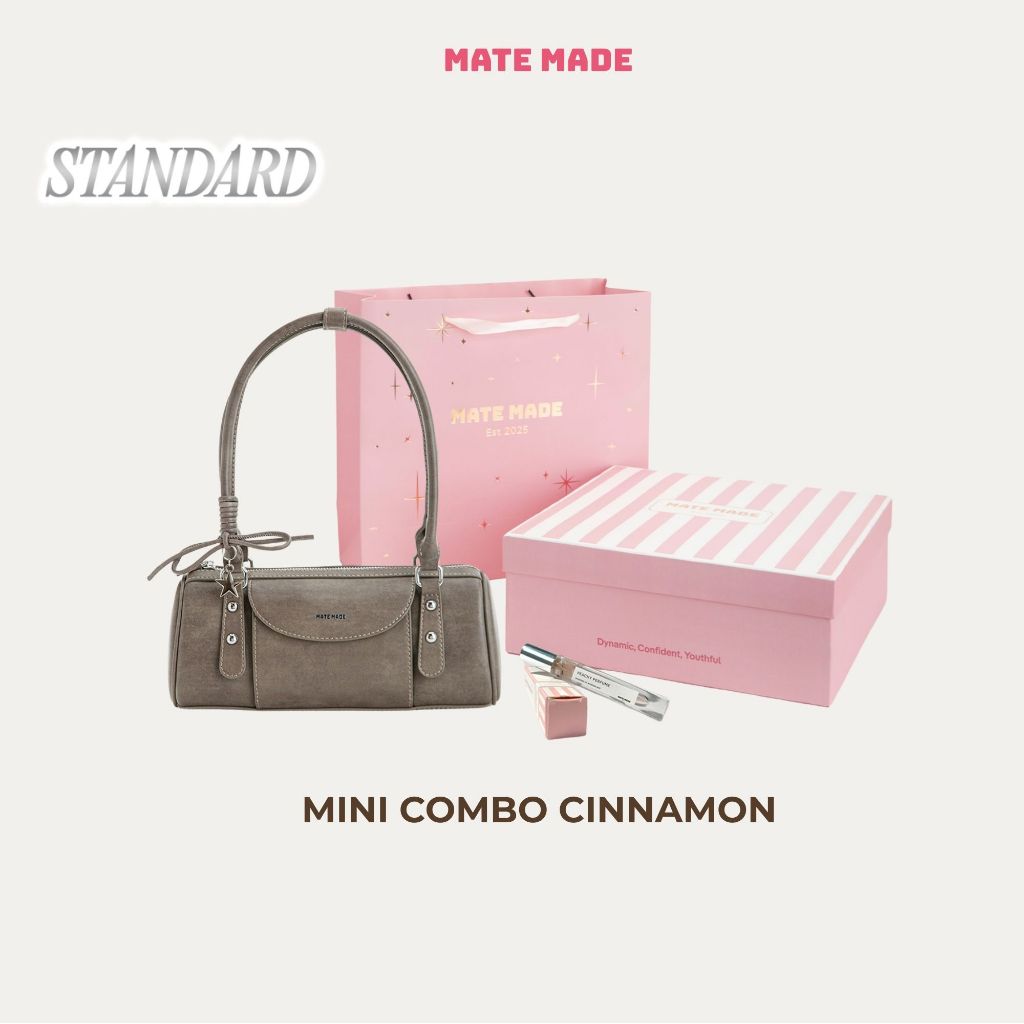 [QUÀ TẶNG] Mate Made Gift Box – Túi Xách Cinnamon + Charm + Nước Hoa Peachy + Hộp Quà Hồng Kẻ Trắng