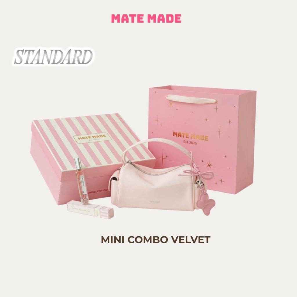[QUÀ TẶNG] Mate Made Gift Box – Túi Xách Velvet + Charm + Nước Hoa Peachy + Hộp Quà Hồng Kẻ Trắng