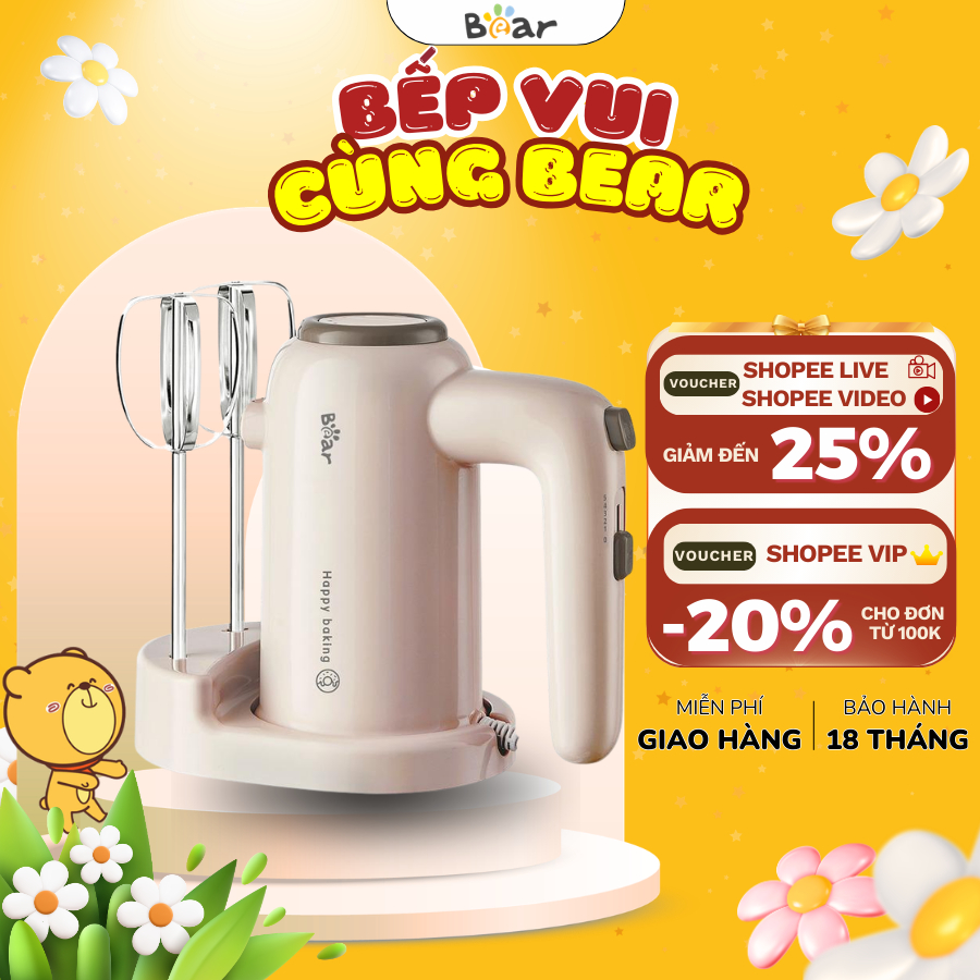 Máy đánh trứng đánh kem cầm tay Bear HM-5H01J29, 5 Chế độ, 125W, 2 que inox 304 an toàn, BH 18 Tháng