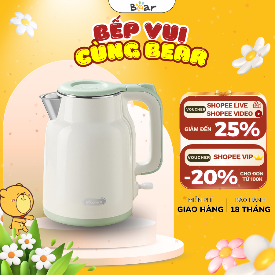 Ấm siêu tốc 1.5L Bear EKT-155GK (ZDH-E15S6), 1500W, Lòng inox 304, Tự ngắt khi sôi,Bảo Hành 18 Tháng
