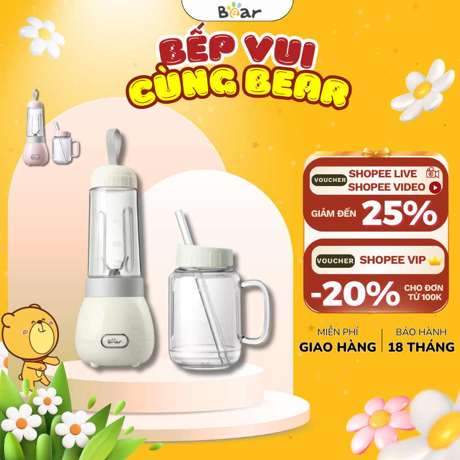 Máy xay sinh tố cầm tay 2 cối Bear BL-4H04M (LLJ-C04W1),150W, Lưỡi dao 4 cánh xay đá bi, BH 18 Tháng