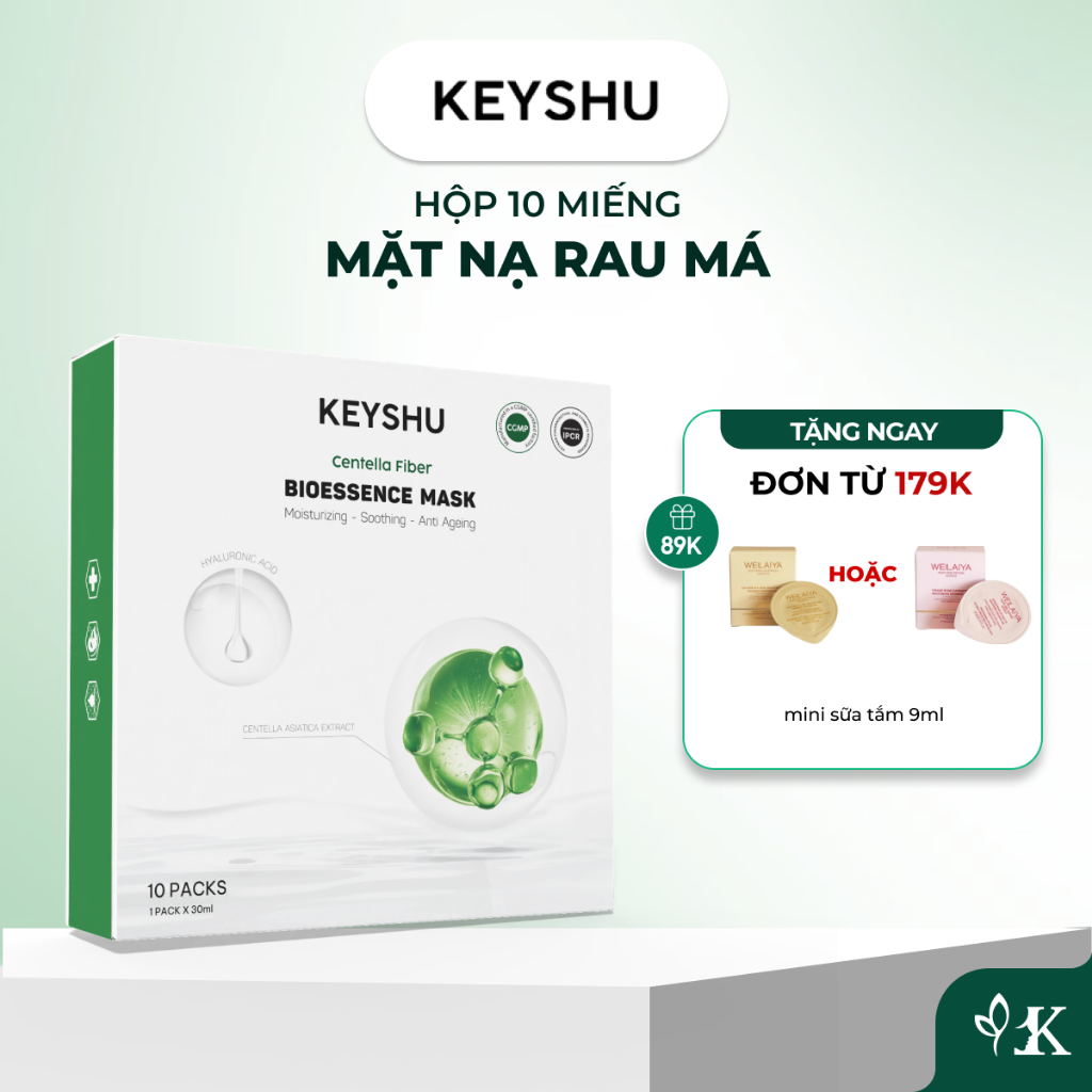 Hộp 10 miếng mặt nạ sợi xơ rau má Centella Fiber KEYSHU 30ml hỗ trợ dưỡng ẩm và ngăn ngừa lão hoá