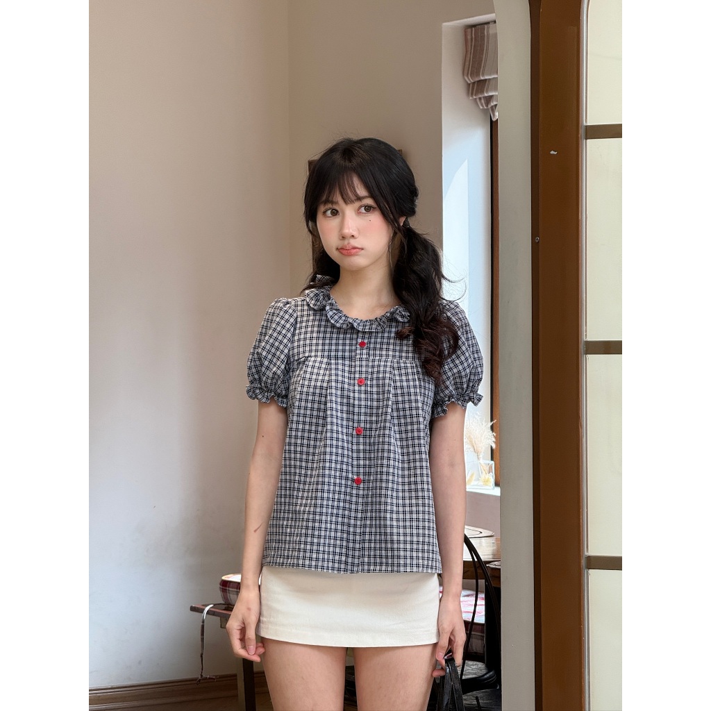 Áo babydoll kẻ caro cổ bèo tay bồng, áo kiểu nữ babydoll kẻ caro dành cho mùa hè – A597 - 29feb.closet | BigBuy360 - bigbuy360.vn