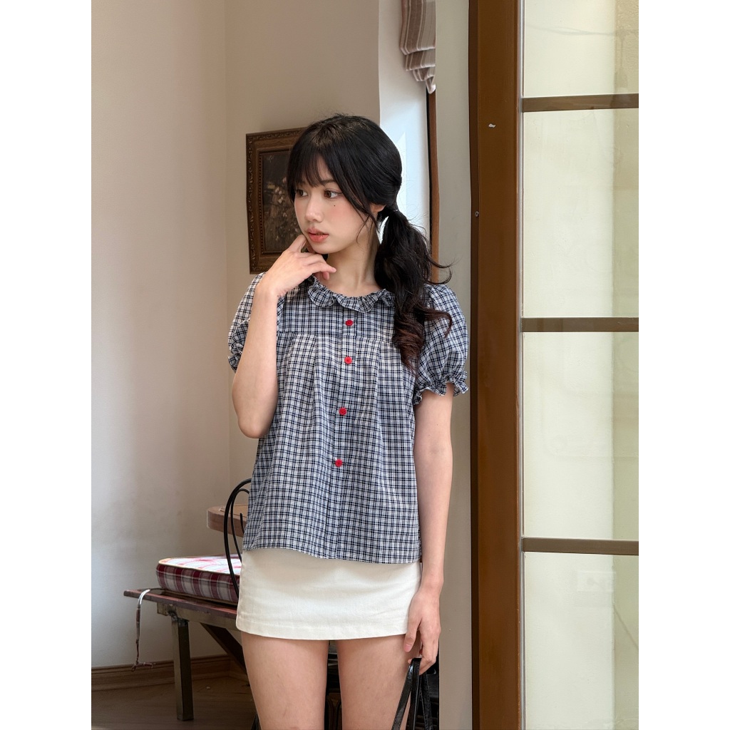 Áo babydoll kẻ caro cổ bèo tay bồng, áo kiểu nữ babydoll kẻ caro dành cho mùa hè – A597 - 29feb.closet | BigBuy360 - bigbuy360.vn