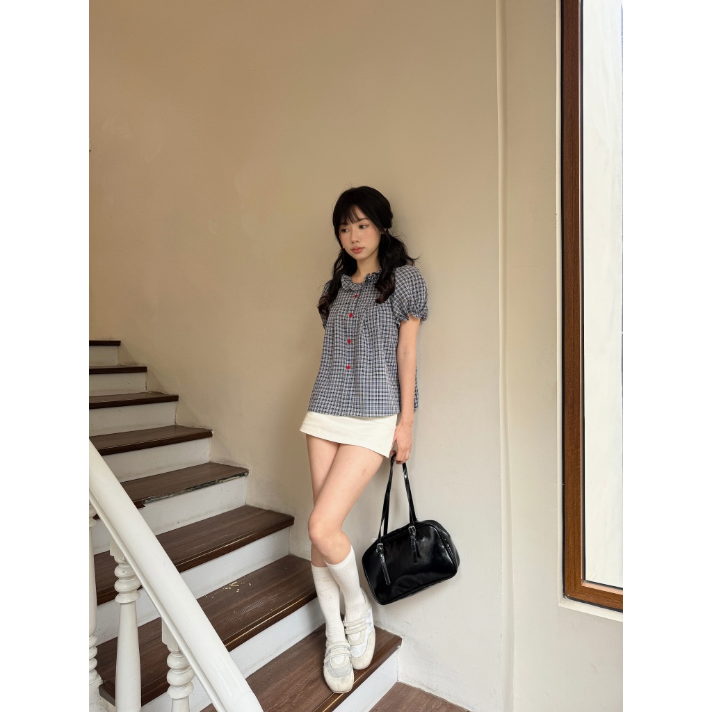 Áo babydoll kẻ caro cổ bèo tay bồng, áo kiểu nữ babydoll kẻ caro dành cho mùa hè – A597 - 29feb.closet | BigBuy360 - bigbuy360.vn