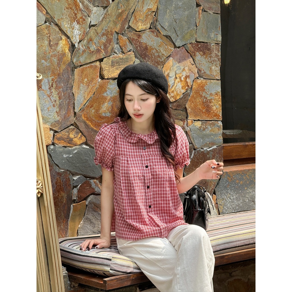 Áo babydoll kẻ caro cổ bèo tay bồng, áo kiểu nữ babydoll kẻ caro dành cho mùa hè – A597 - 29feb.closet | BigBuy360 - bigbuy360.vn