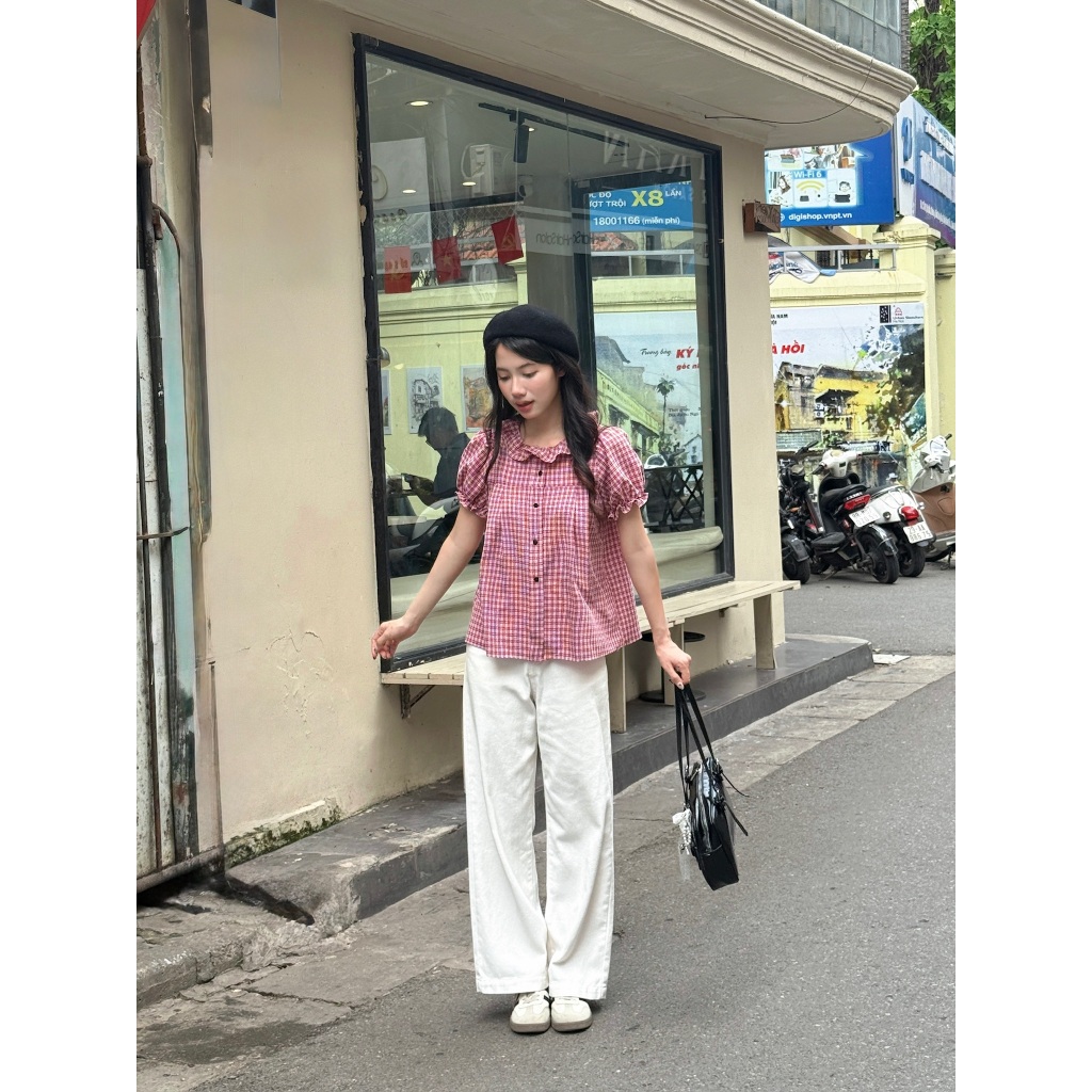 Áo babydoll kẻ caro cổ bèo tay bồng, áo kiểu nữ babydoll kẻ caro dành cho mùa hè – A597 - 29feb.closet | BigBuy360 - bigbuy360.vn