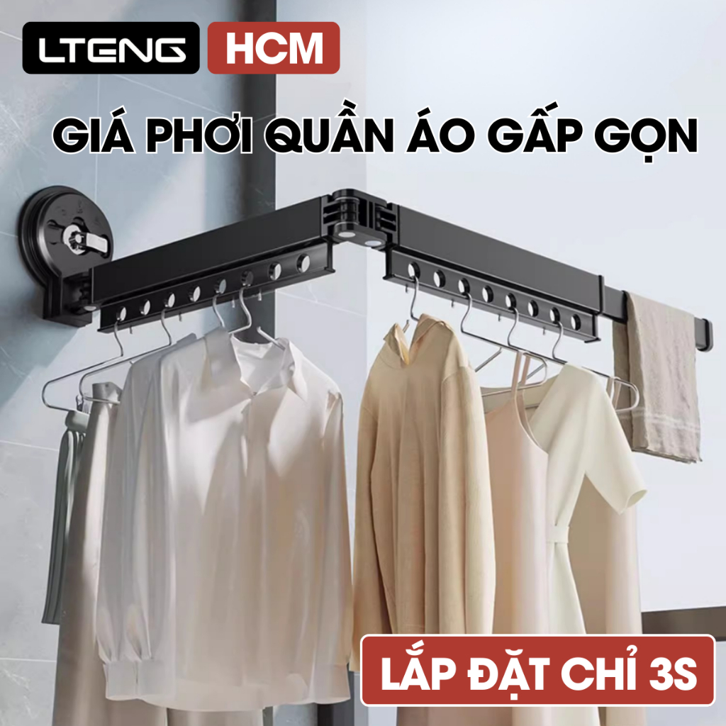 Giá phơi quần áo gấp gọn LTENG hút chân không không cần khoan đục, thanh phơi quần áo lắp đặt nhanh 