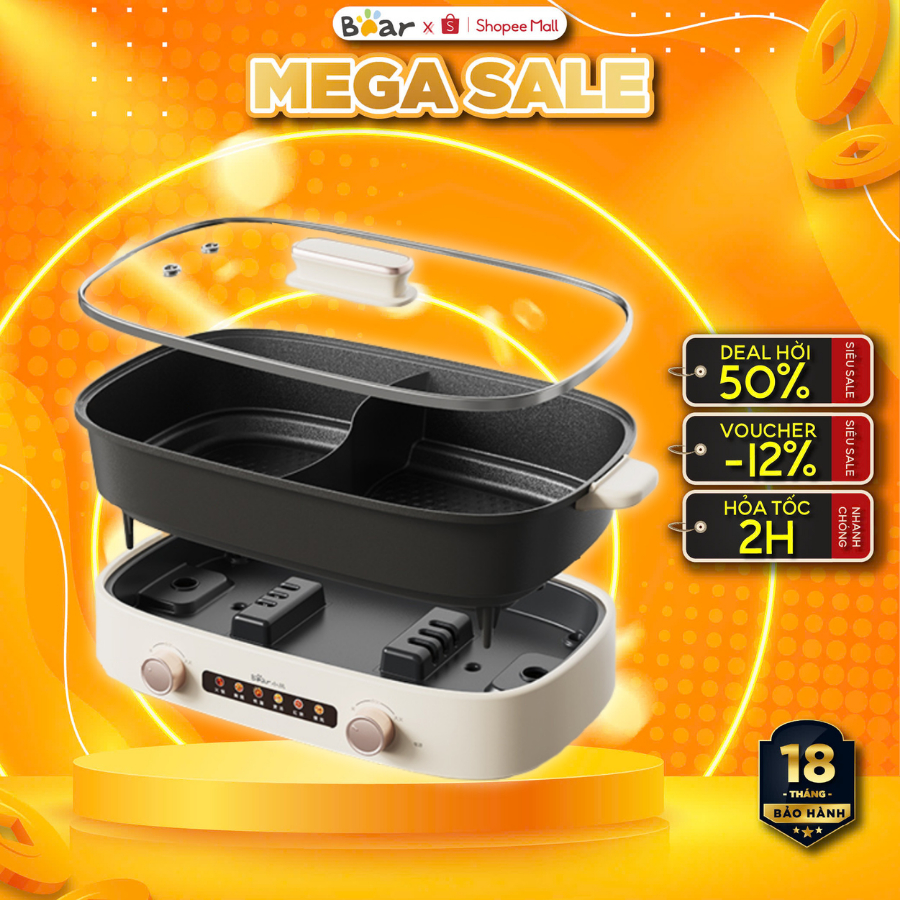 Nồi lẩu nướng điện 2 ngăn 6.5L đa năng Bear DHG- D65B1, 2100W, Chống dính, Cho 3-7 người ăn, BH 18Th