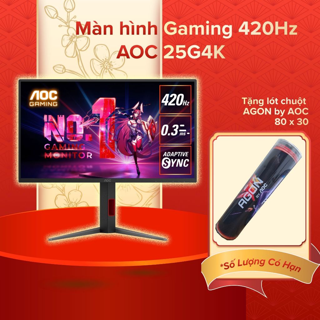 Màn Hình Gaming 420Hz AOC 25G4K (24.5"/ IPS/FHD/ 420hz(OC)/0.3ms/HDMI +DP) - Bảo hành chính hãng 36 