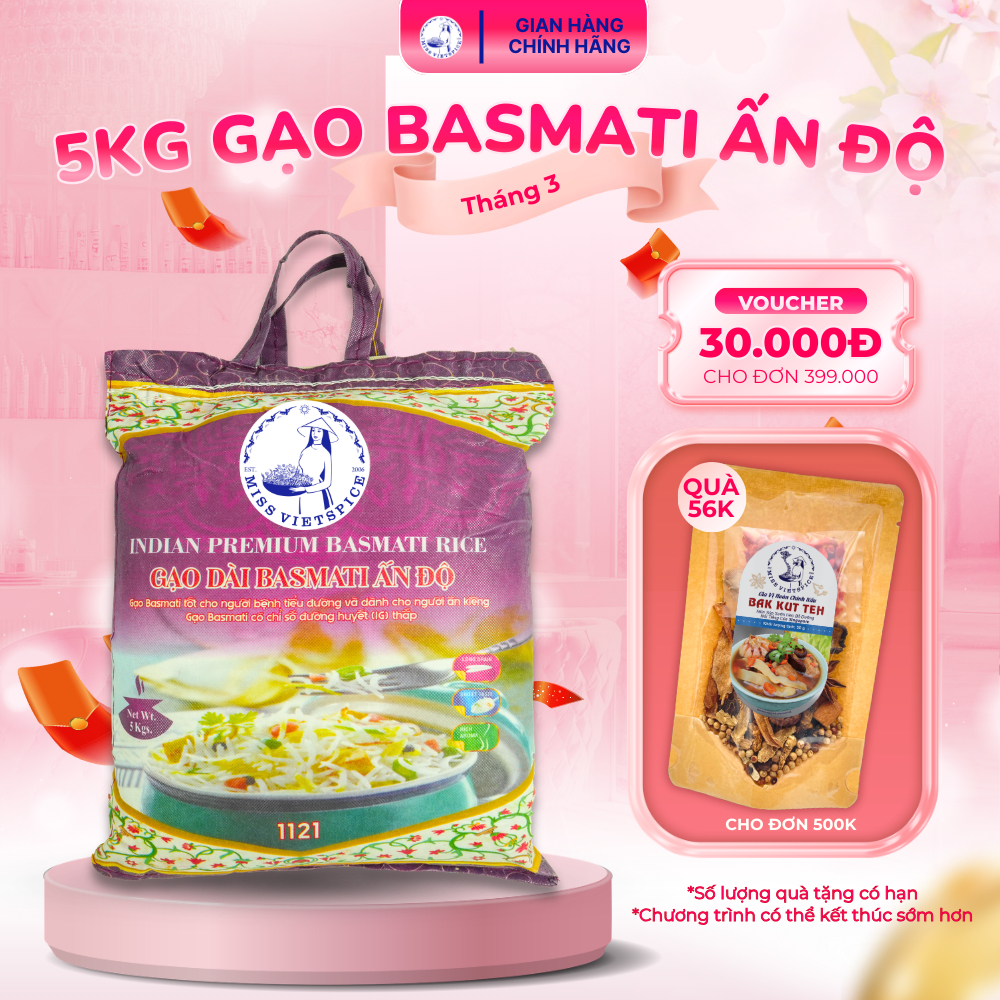 5KG Gạo Basmati Ấn Độ 1121 Miss Vietspice siêu dài, thơm tự nhiên ít đường, ít calo tốt cho sức khỏe
