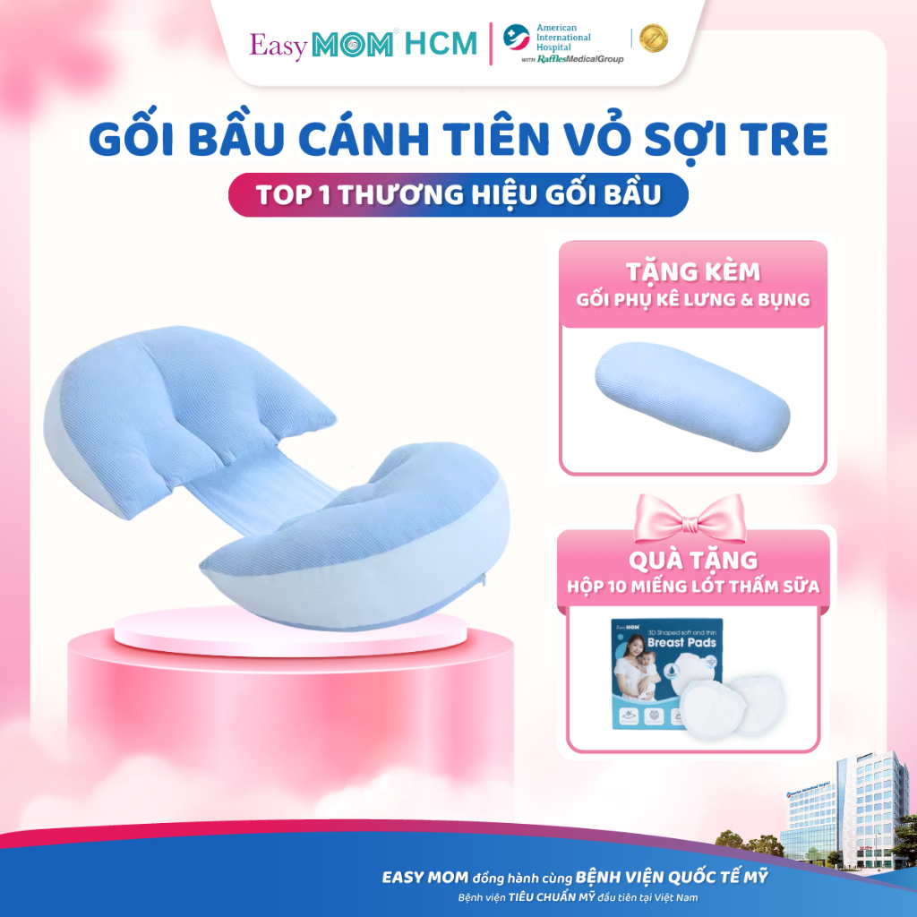 [HỎA TỐC HCM]Gối bầu cánh tiên Easy MOM vỏ sợi tre giảm đau lưng, nâng đỡ bụng, lưng giúp mẹ bầu ngủ ngon sâu giấc
