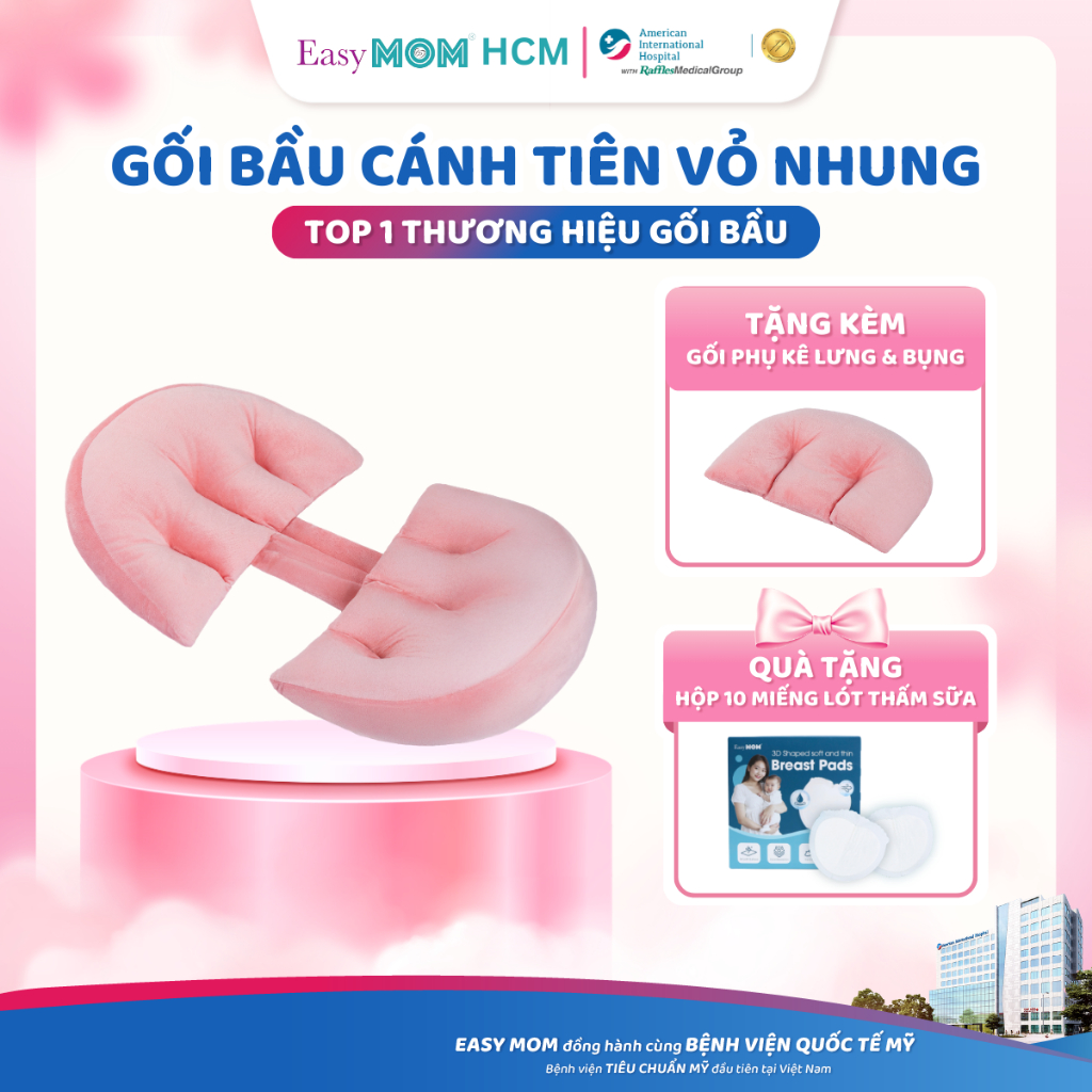 Gối Bầu Cánh Tiên Easy MOM Vỏ Nhung Mềm Mịn Gối Nâng Đỡ Lưng Bụng Giảm Đau Mỏi Hông Lưng Khi Mang Thai Cho Mẹ Bầu