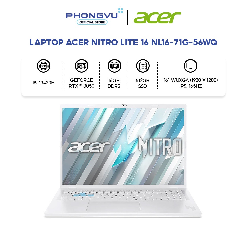Laptop Acer Nitro Lite 16 NL16-71G-56WQ (i5-13420H/ GeForce RTX™ 3050/ 16GB/ 512GB/ Windows 11) - Bả