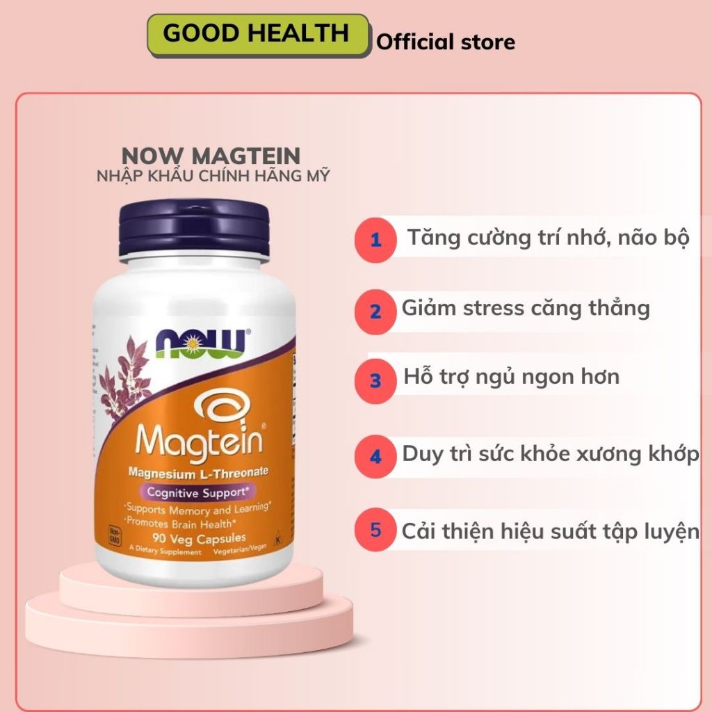 NOW Magtein Magnesium L-Threonate - 90 viên bổ sung magie giúp cải thiện trí nhớ, xương, tim mạch