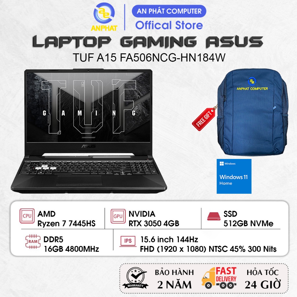 Laptop Gaming ASUS TUF A15 FA506NCG-HN184W, Ryzen 7 7445HS, RTX 3050 4GB, 16GB RAM, 512GB SSD, 15.6 
