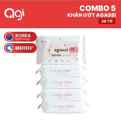 (Mới) Combo 5 gói khăn ướt Agassi 20 tờ an toàn, tiện dụng