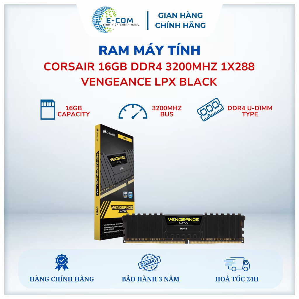 Ram CORSAIR DDR4 3200MHZ 16GB 1X288 DIMM, VENGEANCE LPX BLACK - Có tản