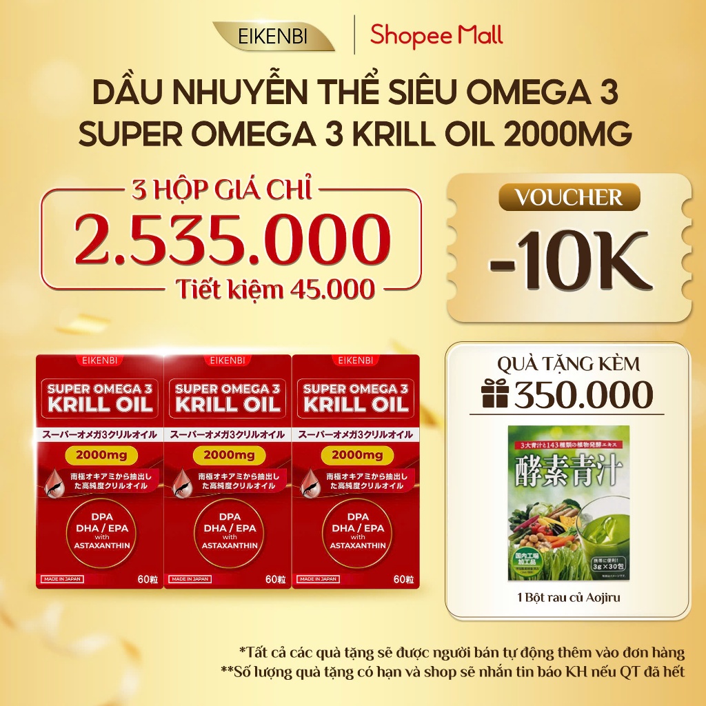 COMBO 3 HỘP - Dầu Nhuyễn Thể Siêu Omega 3 - Super Omega 3 Krill Oil 2000mg Eikenbi Nhật Bản - Hộp 60