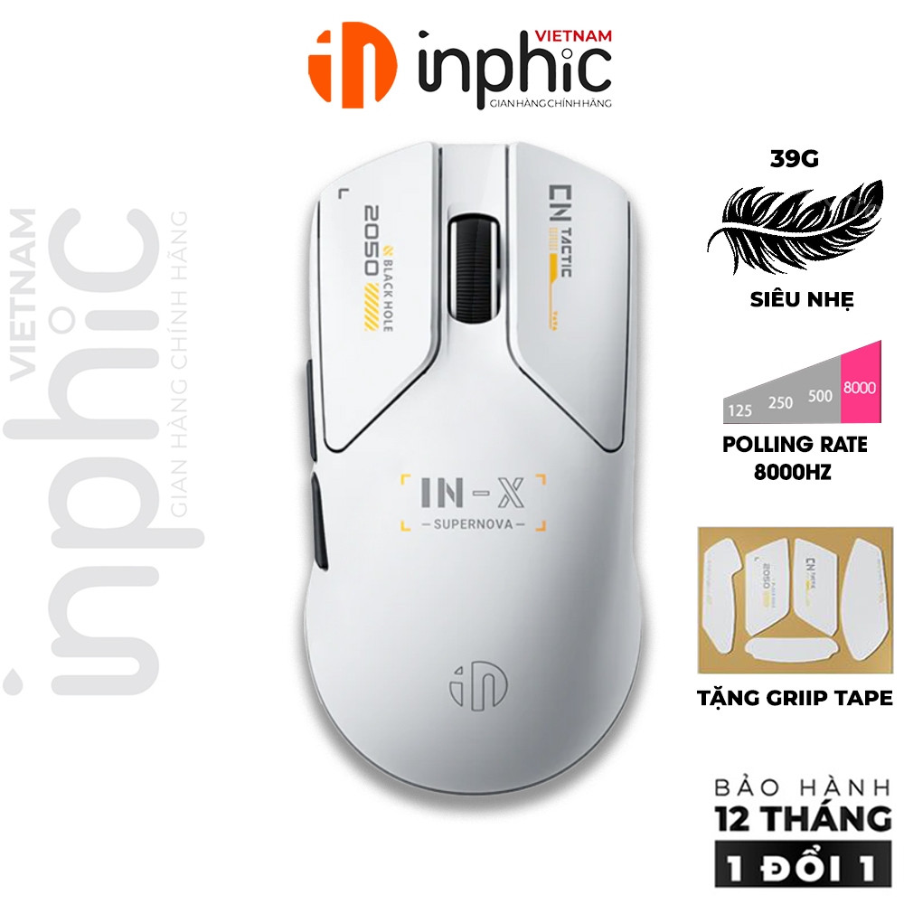 Chuột không dây gaming INPHIC INX pin sạc siêu nhẹ PWA3950 8000HZ game FPS có app wireless