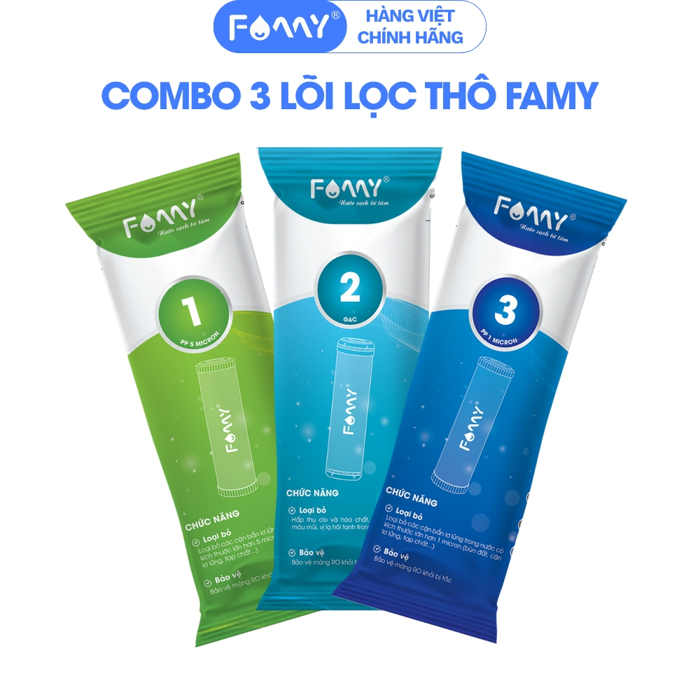 Bộ Lõi Lọc Thô 1-2-3 Famy, Lõi Kiềm, Màng RO, Bút Đo TDS Kiểm Tra Nước ,Vòi Đôi, Vòi Đơn Lấy Nước