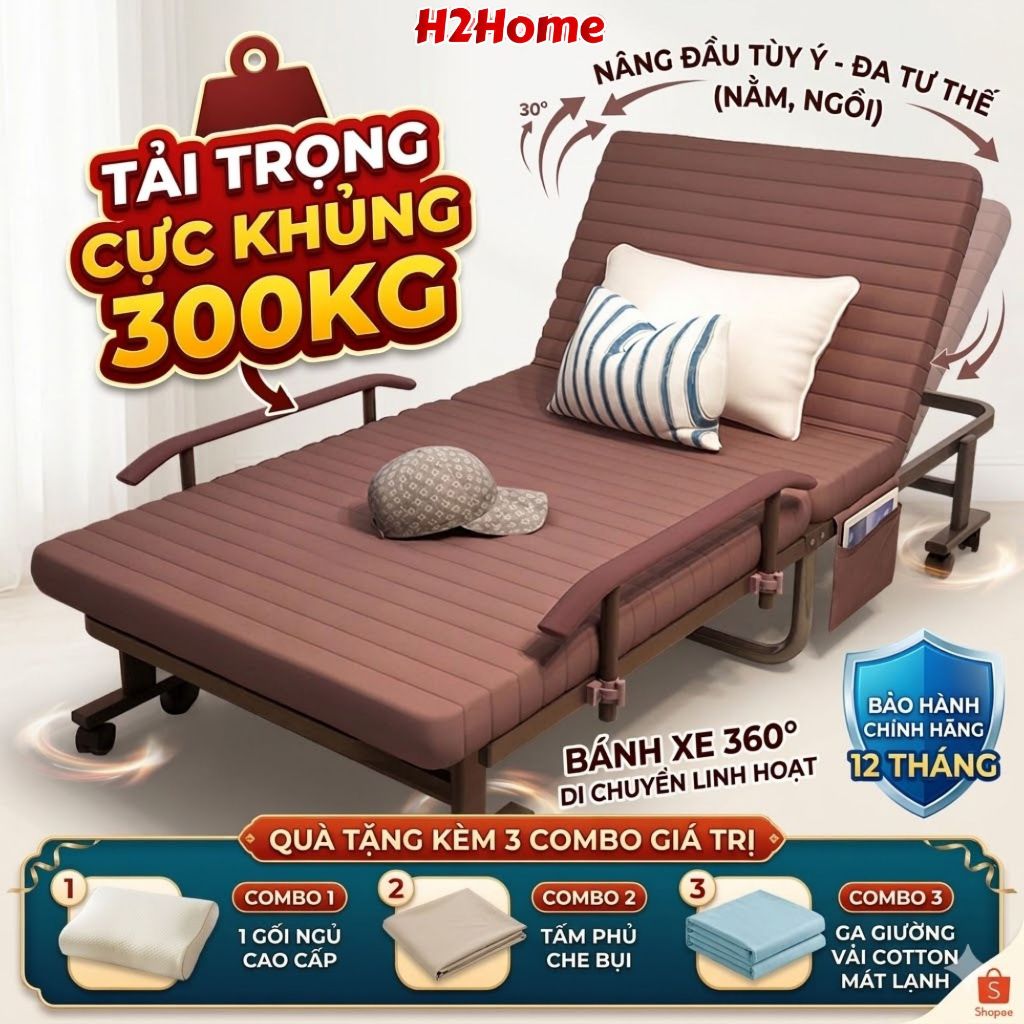 Giường gấp gọn 2 khúc cao cấp H2Home nâng đầu tùy ý, khung hợp kim sơn tĩnh điện, tiện lợi sang trọn