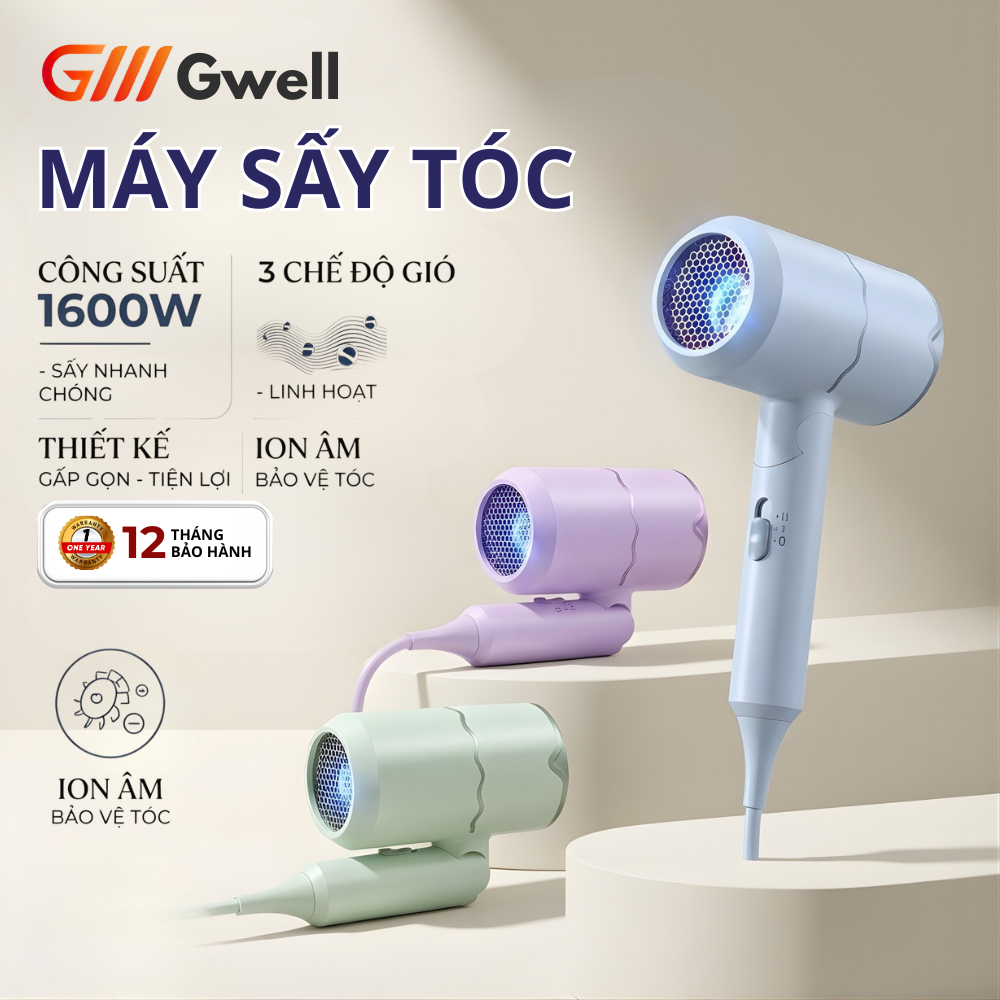 Máy Sấy Tóc Mini Gấp Gọn, Công Suất 1600W Có 3 Tốc Độ Gió 2 Chế Độ Nhiệt Sấy Nhanh Bảo Vệ Tóc