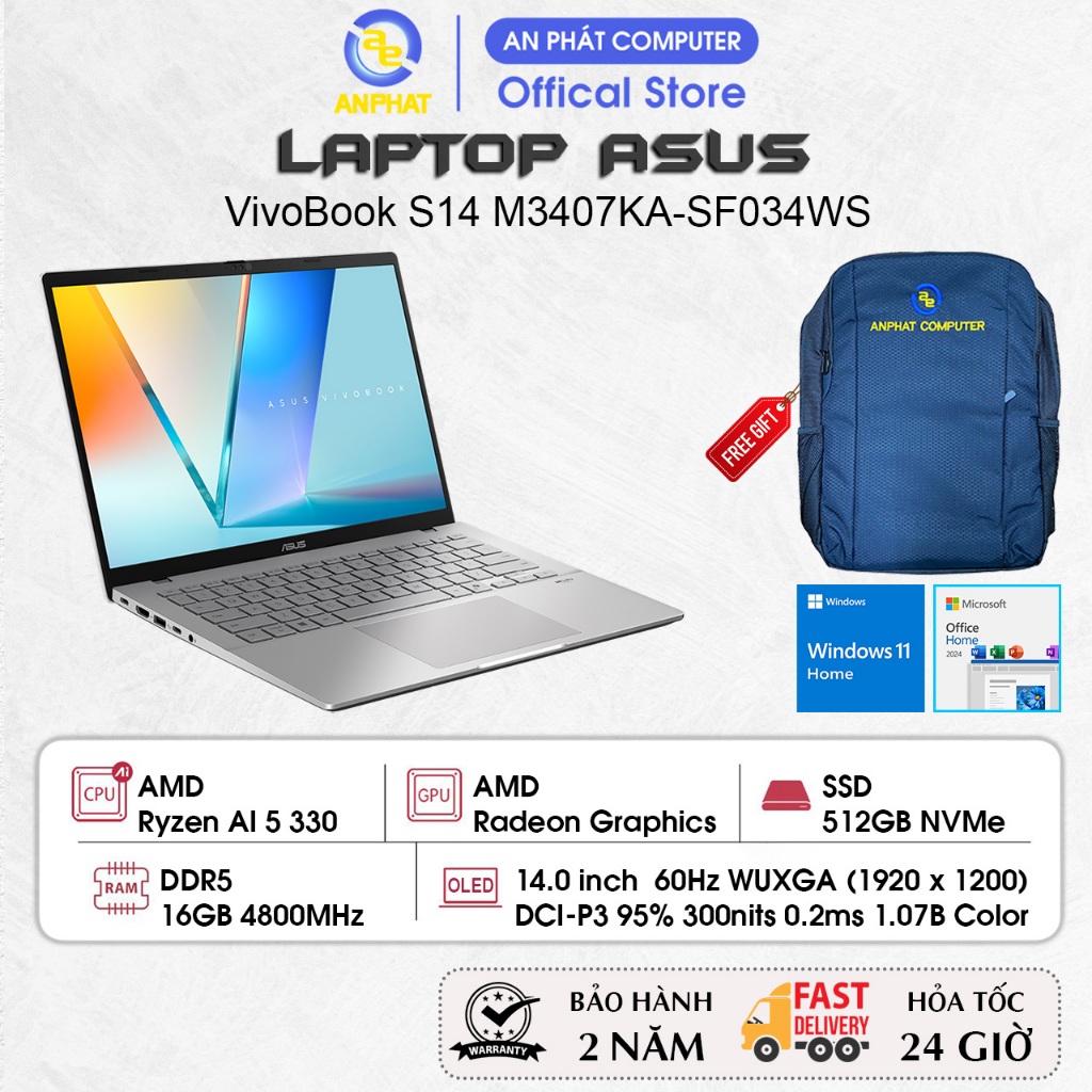 Laptop ASUS VivoBook S14 M3407KA-SF034WS, Ryzen AI 5 330, 16GB RAM, 512GB SSD, 14.0 60Hz FHD+, Win11