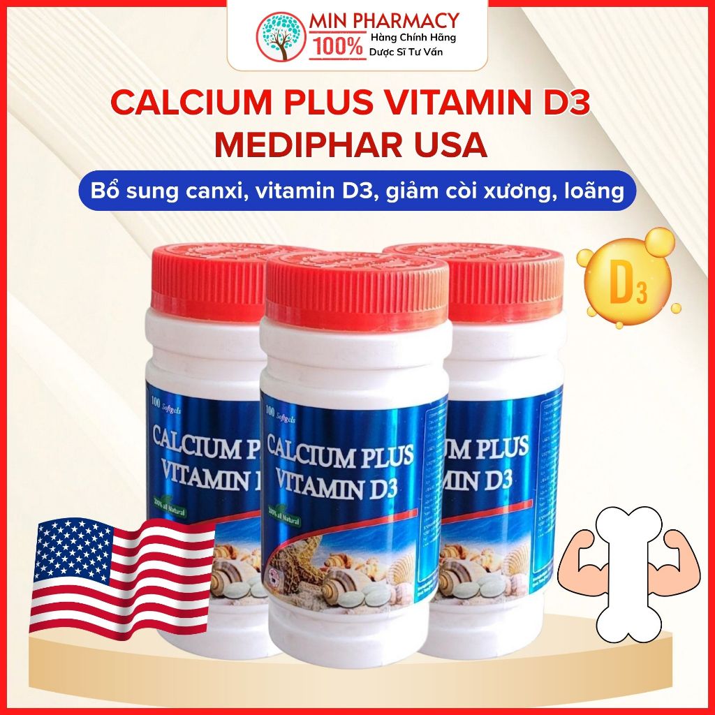Calcium Plus Vitamin D3 Mediphar USA - Bổ sung canxi, vitamin D3, giảm còi xương, loãng