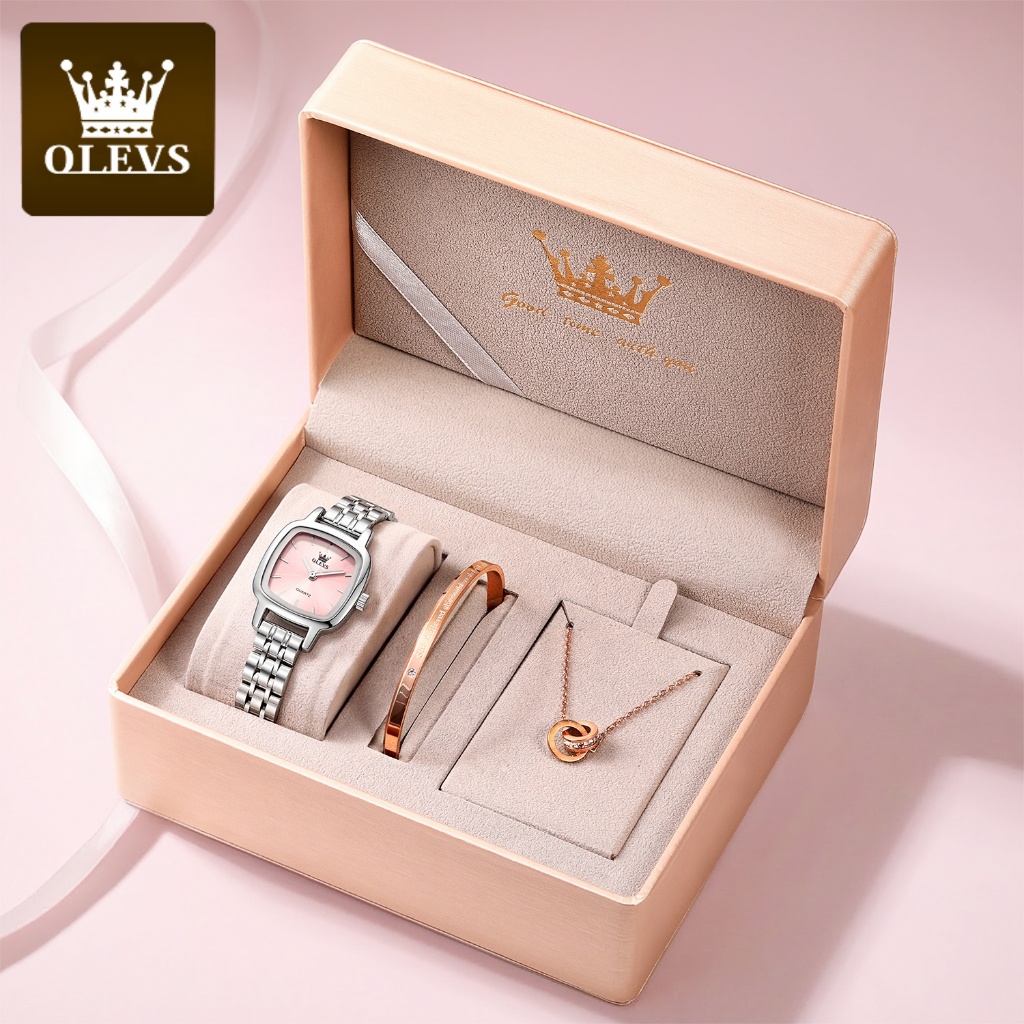 OLEVS Bộ Đồng Hồ nữ Tuyệt vời Chính hãng dây đeo bằng thép không chống thấm Mặt đồng hồ vuông 5675